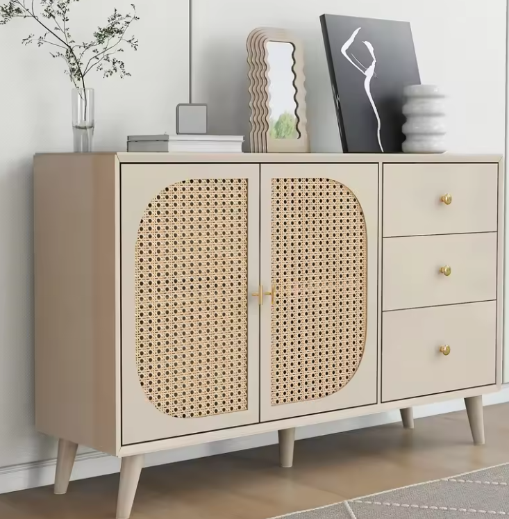 Modern Rotan Keukendressoir – 3 Lades & 2 Deuren, Off-White