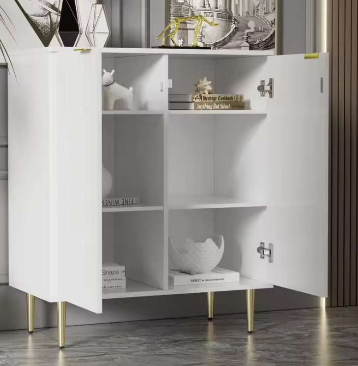 Wit Buffetkastje met 2 Deuren – 6 Vakken & Gouden Handvat, 75 cm