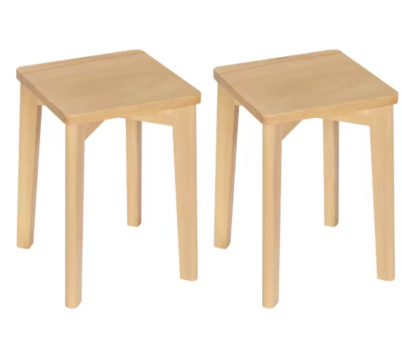 Set van 2 Massief Houten Stapelkrukken – 31x31x44,5 cm, Natuurlijk Beukenhout