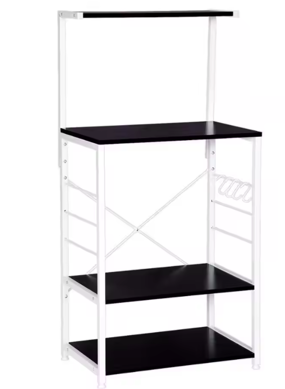 Zwarte Magnetronplank met 4 Houten Planken – Keukentrolley met Haken & Opbergruimte, 123 cm Hoog