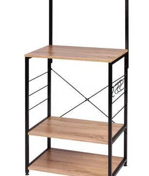 Zwarte Magnetronplank met 4 Houten Planken – Keukentrolley met Haken & Opbergruimte, 123 cm Hoog