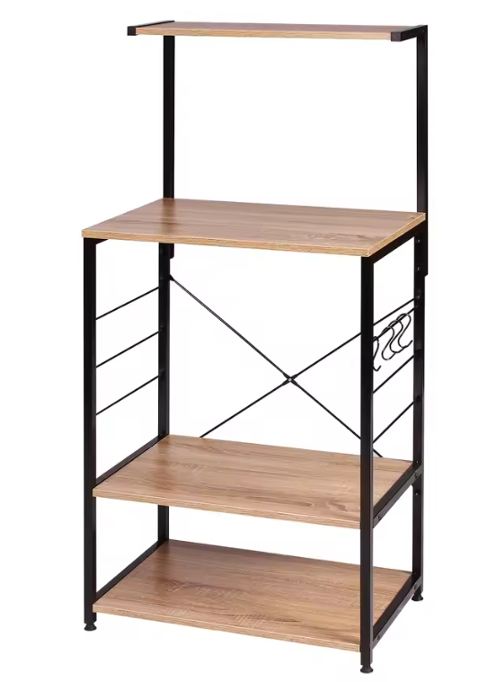 Zwarte Magnetronplank met 4 Houten Planken – Keukentrolley met Haken & Opbergruimte, 123 cm Hoog