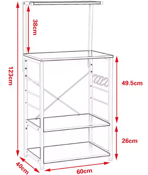 Zwarte Magnetronplank met 4 Houten Planken – Keukentrolley met Haken & Opbergruimte, 123 cm Hoog