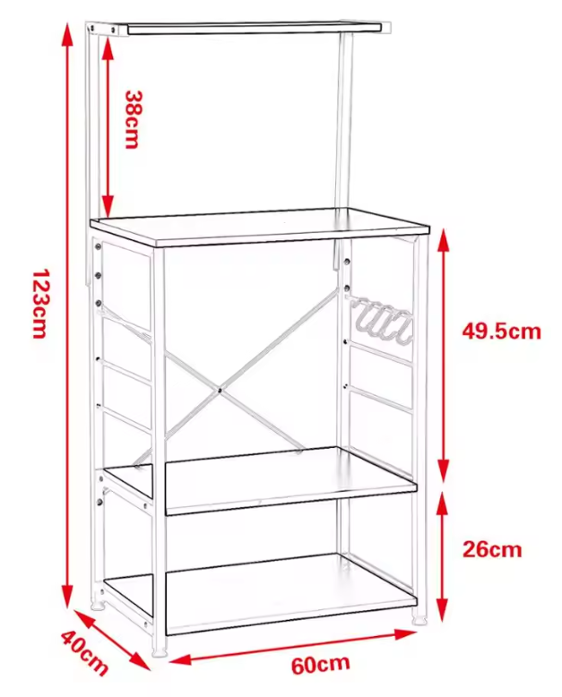 Zwarte Magnetronplank met 4 Houten Planken – Keukentrolley met Haken & Opbergruimte, 123 cm Hoog