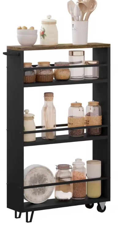 Keukentrolley met 3 Planken & Wielen – Vintage Bruin/Zwart