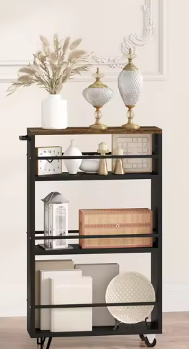 Keukentrolley met 3 Planken & Wielen – Vintage Bruin/Zwart