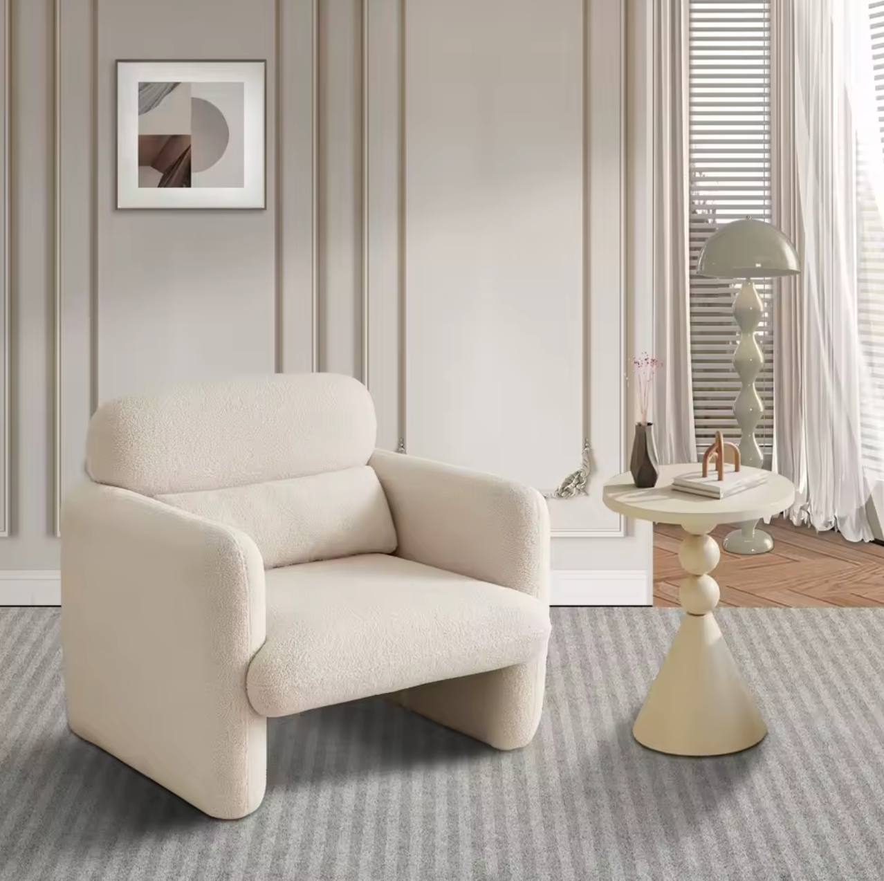 Lamswollen Beige Loungestoel – Zachte Fauteuil met Kussen & Armleuningen