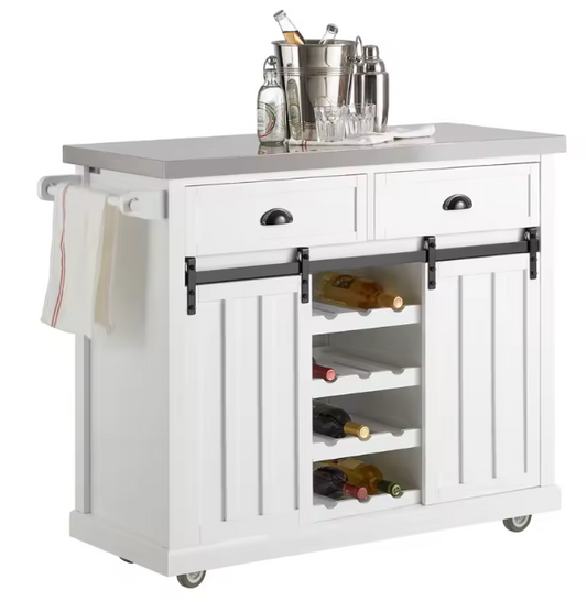 Keukentrolley met RVS Blad – 2 Lades, Schuifdeuren & Flessenplank, 116x95x46 cm