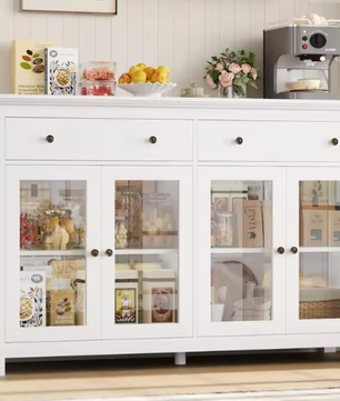 Dressoir van 140 cm met 2 Lades & Glazen Deuren – Buffetkast voor Woonkamer of Keuken