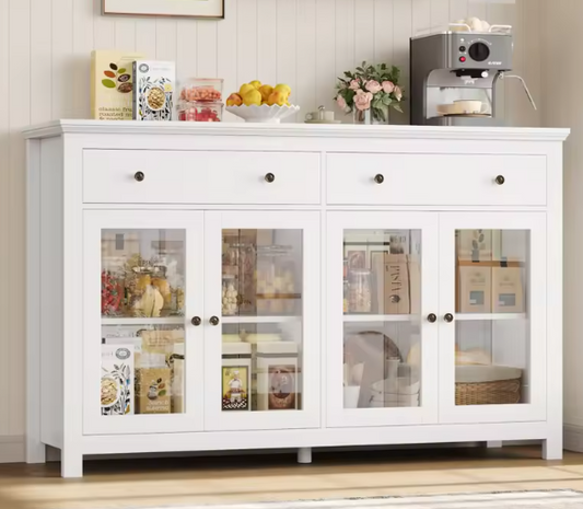 Dressoir van 140 cm met 2 Lades & Glazen Deuren – Buffetkast voor Woonkamer of Keuken