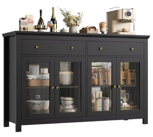 Dressoir van 140 cm met 2 Lades & Glazen Deuren – Buffetkast voor Woonkamer of Keuken