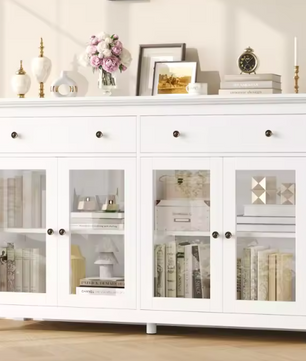Dressoir van 140 cm met 2 Lades & Glazen Deuren – Buffetkast voor Woonkamer of Keuken