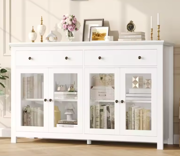 Dressoir van 140 cm met 2 Lades & Glazen Deuren – Buffetkast voor Woonkamer of Keuken