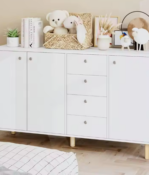 Wit Dressoir met 3 Deuren & 4 Lades – 140 cm, Scandinavisch Design & Veel Opbergruimte