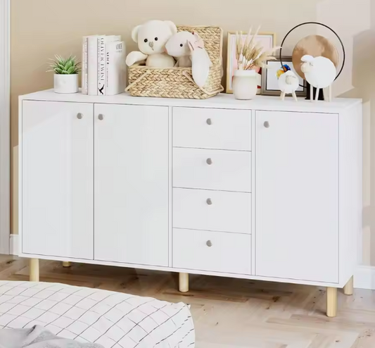 Wit Dressoir met 3 Deuren & 4 Lades – 140 cm, Scandinavisch Design & Veel Opbergruimte
