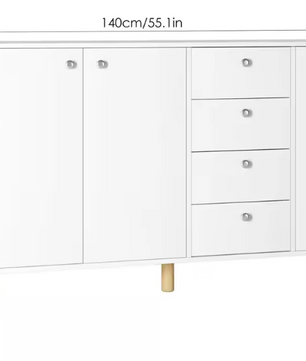 Wit Dressoir met 3 Deuren & 4 Lades – 140 cm, Scandinavisch Design & Veel Opbergruimte
