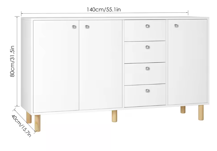 Wit Dressoir met 3 Deuren & 4 Lades – 140 cm, Scandinavisch Design & Veel Opbergruimte
