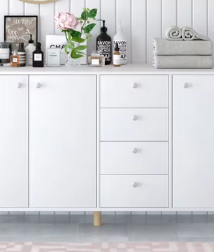Wit Dressoir met 3 Deuren & 4 Lades – 140 cm, Scandinavisch Design & Veel Opbergruimte