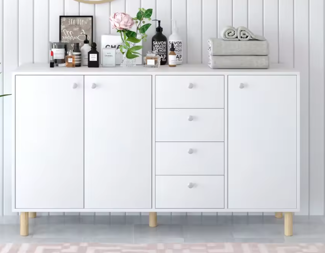 Wit Dressoir met 3 Deuren & 4 Lades – 140 cm, Scandinavisch Design & Veel Opbergruimte