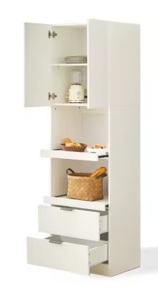 Hoge Keukenkast 200 cm – Wit Dressoir met Lades & Open Planken, Veelzijdige Opbergkast