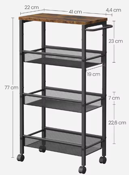 Smalle Keukentrolley met 4 Lagen – Opbergrek op Wielen, 22x45,5x77 cm