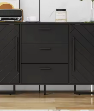 Zwart Dressoir met Visgraatmotief – 2 Deuren & 3 Lades, Modern en Elegant