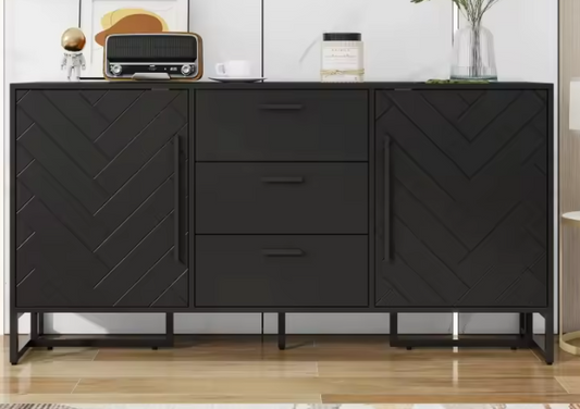 Zwart Dressoir met Visgraatmotief – 2 Deuren & 3 Lades, Modern en Elegant