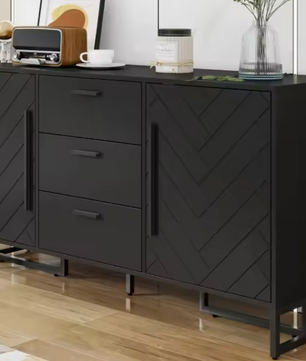 Zwart Dressoir met Visgraatmotief – 2 Deuren & 3 Lades, Modern en Elegant