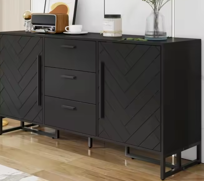 Zwart Dressoir met Visgraatmotief – 2 Deuren & 3 Lades, Modern en Elegant