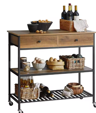 Keukentrolley met 2 Lades & Planken – Zwart/Naturel, 100 cm