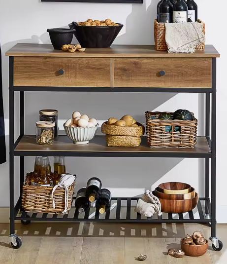Keukentrolley met 2 Lades & Planken – Zwart/Naturel, 100 cm