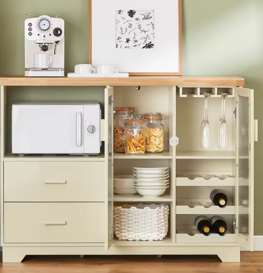 Buffetkast met Glazen Deuren – Groen MDF & Rubberhout, 120x90 cm