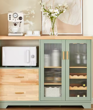 Buffetkast met Glazen Deuren – Groen MDF & Rubberhout, 120x90 cm