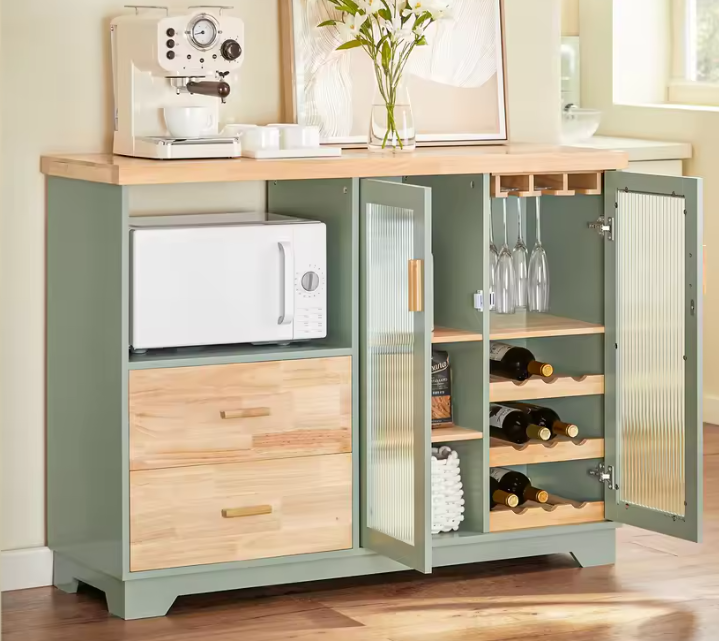 Buffetkast met Glazen Deuren – Groen MDF & Rubberhout, 120x90 cm
