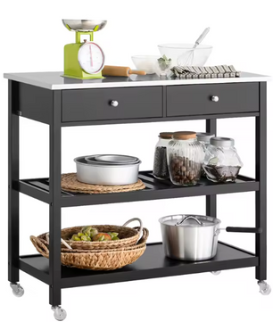Keukentrolley met RVS Werkblad – Zwart Dressoir op Wielen met Lades & Planken, 100 cm