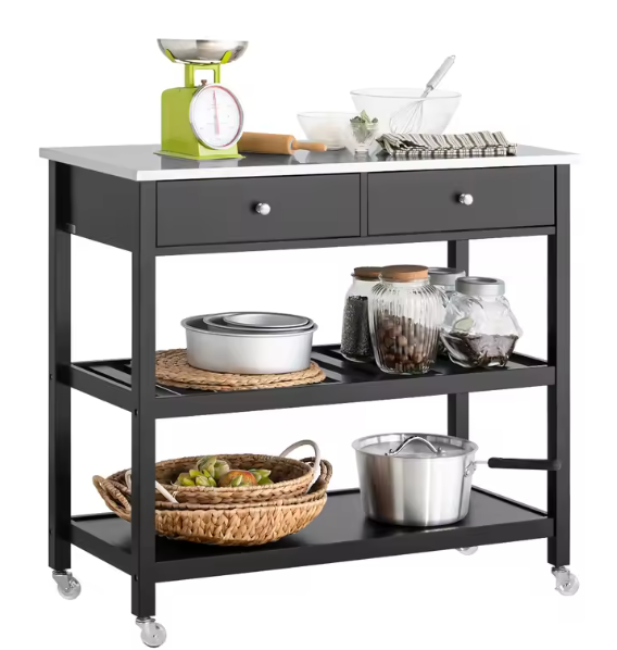 Keukentrolley met RVS Werkblad – Zwart Dressoir op Wielen met Lades & Planken, 100 cm