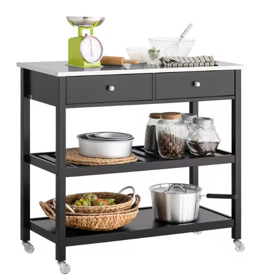 Keukentrolley met RVS Werkblad – Zwart Dressoir op Wielen met Lades & Planken, 100 cm