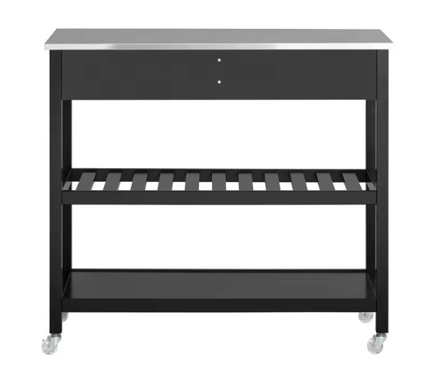 Keukentrolley met RVS Werkblad – Zwart Dressoir op Wielen met Lades & Planken, 100 cm