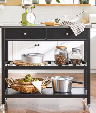 Keukentrolley met RVS Werkblad – Zwart Dressoir op Wielen met Lades & Planken, 100 cm