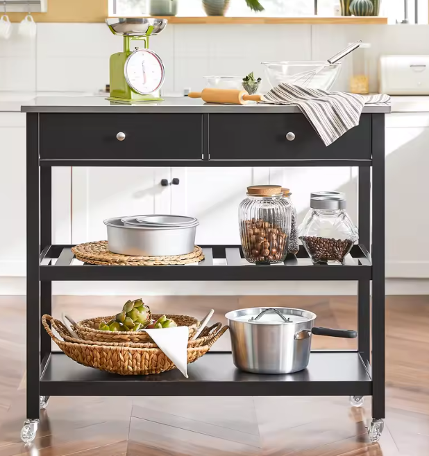 Keukentrolley met RVS Werkblad – Zwart Dressoir op Wielen met Lades & Planken, 100 cm