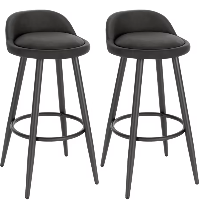 Set van 2 Fluwelen Barkrukken – Zwart, Metalen Frame & Voetsteun
