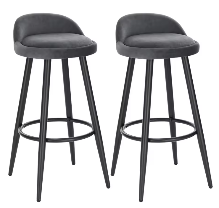 Set van 2 Fluwelen Barkrukken – Zwart, Metalen Frame & Voetsteun