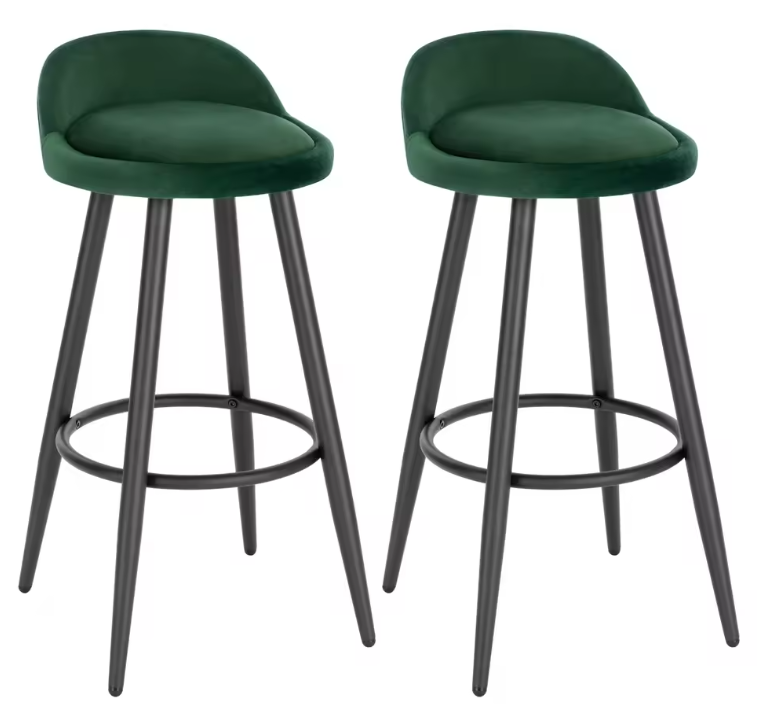 Set van 2 Fluwelen Barkrukken – Zwart, Metalen Frame & Voetsteun