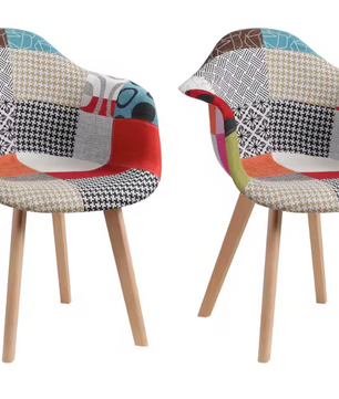 Set van 4 Patchwork Eetkamerstoelen – Stoffen Zitting & Houten Poten