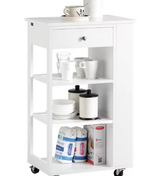 Witte Keukenwagen met Lade & Open Vakken – Op Wielen, 86 cm Hoog
