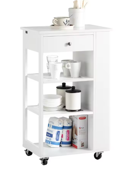 Witte Keukenwagen met Lade & Open Vakken – Op Wielen, 86 cm Hoog