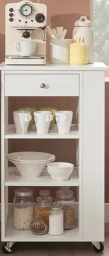 Witte Keukenwagen met Lade & Open Vakken – Op Wielen, 86 cm Hoog
