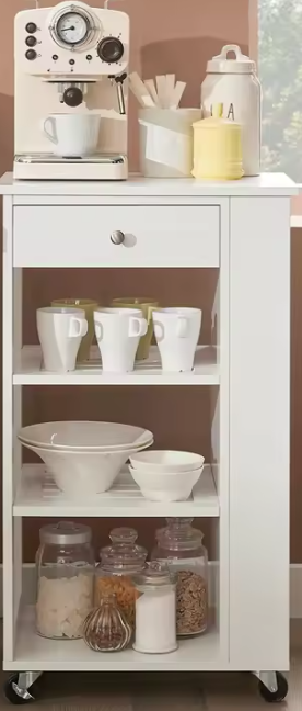 Witte Keukenwagen met Lade & Open Vakken – Op Wielen, 86 cm Hoog
