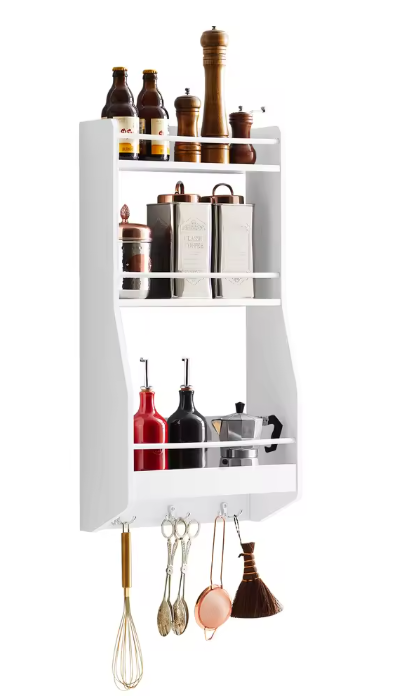 Wandplank met 3 Niveaus en Haken – MDF Opberger voor Keuken & Badkamer