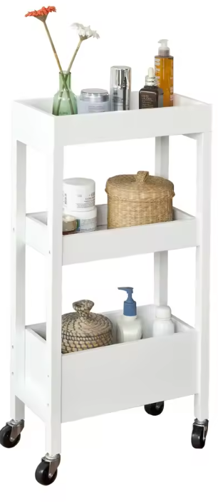 Smalle Witte Keukentrolley met 3 Niveaus en Wielen – MDF & Grenen, 21 cm Breed
